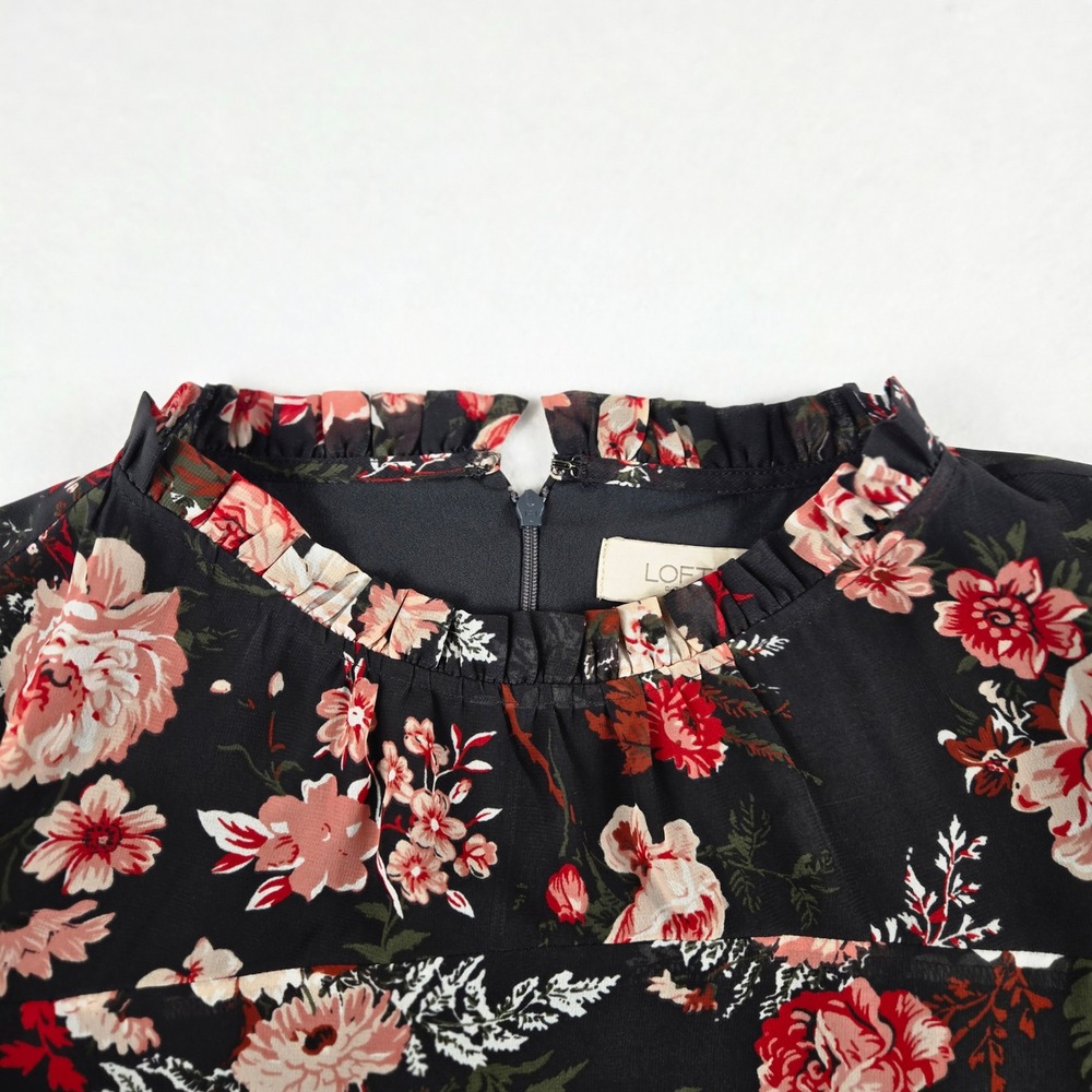 Loft Outlet Floral Shift Dress Womens 6 Black Ruffle Neck Long Sleeve (D10) - Picture 8 of 11